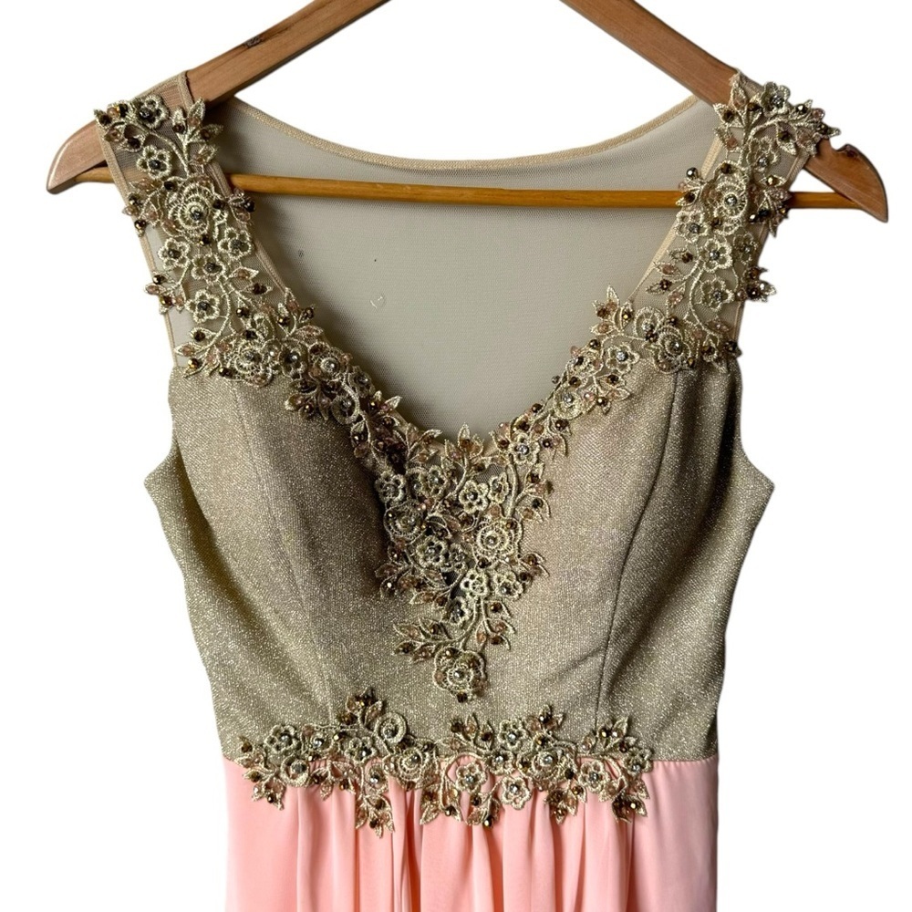 La Donatella Coral Chiffon Beaded Sheer Sleeveless Formal Maxi Dress Women's S - Picture 3 of 9